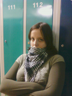 sitting, scarf