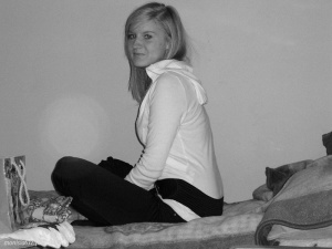 sitting, monochrome