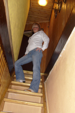 jeans, standing, stairs