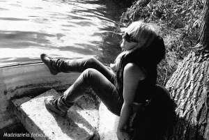 sitting, monochrome