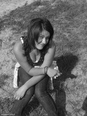 hand, smile, sitting, monochrome, model