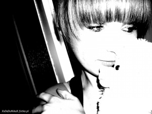 mouth, eyelash, hand, monochrome