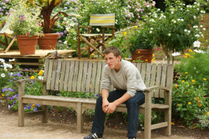 jeans, sitting, leisure, petal, flower, bench, garden