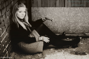 sitting, monochrome