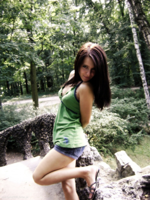 hair, sitting, model, forest, shorts