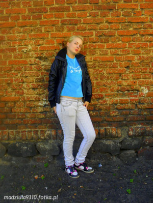 jacket, outerwear, textile, jeans, denim, cool, standing, wall, brick
