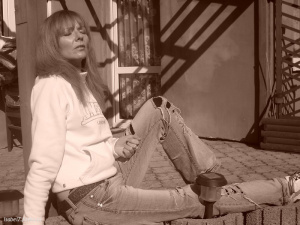 sitting, monochrome
