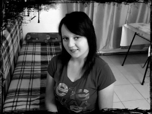 hair, smile, monochrome, bangs