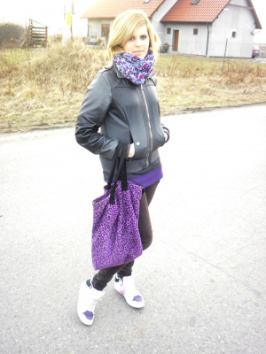 jacket, outerwear, jeans, handbag, bag, scarf, shoe