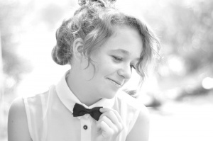 smile, monochrome, dress, tie