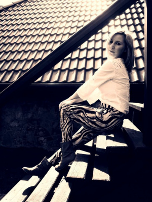 sitting, monochrome