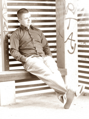 sitting, monochrome