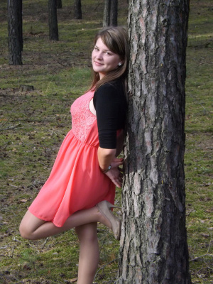 outerwear, dress, forest, trunk