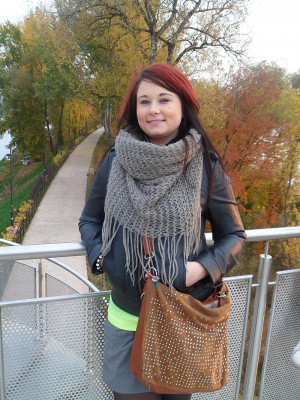 jacket, outerwear, handbag, bag, scarf