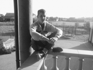 sitting, monochrome