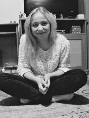 hand, smile, sitting, monochrome