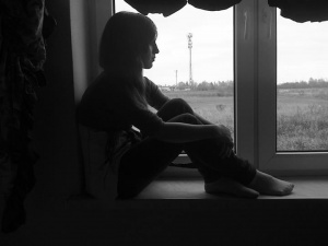 sitting, monochrome