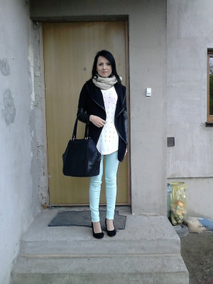 jacket, outerwear, jeans, handbag, bag