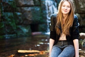 hair, textile, jeans, denim, smile, sitting, person, model, forest