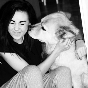 hand, smile, monochrome, dog