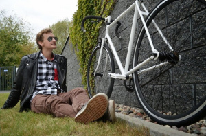 jacket, sitting, vehicle, bicycle, wheel