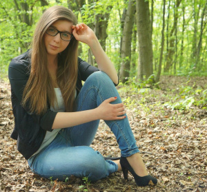 hair, textile, jeans, denim, smile, sitting, forest