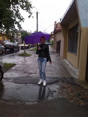jacket, jeans, denim, standing, road, asphalt, umbrella, infrastructure