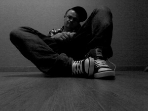 sitting, monochrome