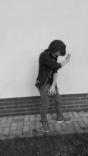 standing, monochrome, wall