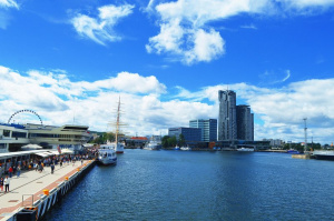 sky, vehicle, boat, skyscraper