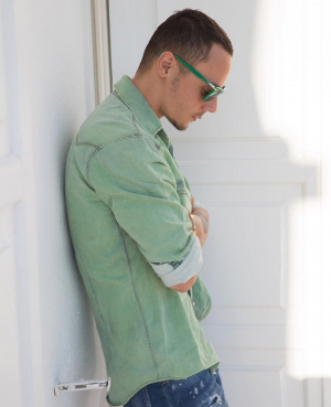 jacket, outerwear, jeans, denim, glasses, ear