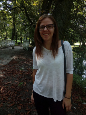 outerwear, fun, smile, cool, glasses, standing, forest