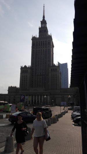 road, skyscraper