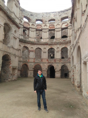 jacket, jeans, ruins