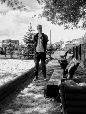 standing, monochrome, road