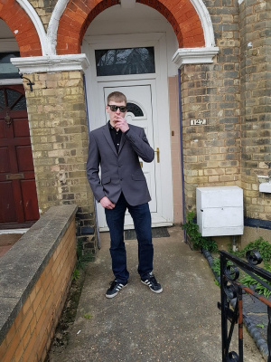 jacket, outerwear, jeans, standing, wall, brick