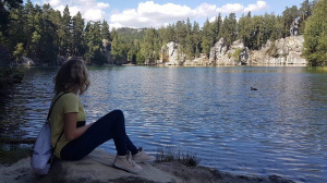 jeans, sitting, leisure, vacation, mountain, lake, plant