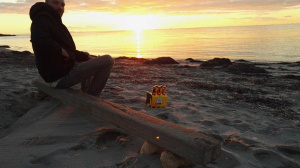 sitting, beach, rock, sunset