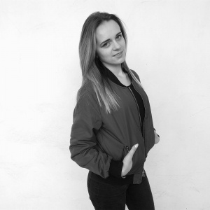 jacket, outerwear, jeans, smile, standing, monochrome