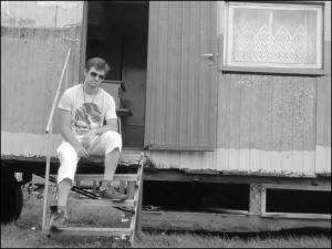 sitting, monochrome