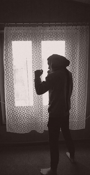 standing, monochrome, wall