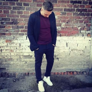 jacket, outerwear, textile, jeans, denim, cool, standing, wall, brick
