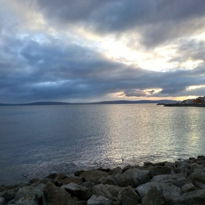 sky, beach, rock, lake, sunset