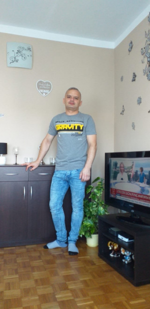 jeans, denim, standing, room, television