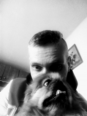 selfie, beard, monochrome, dog