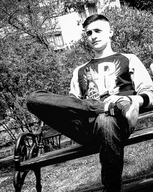 sitting, monochrome