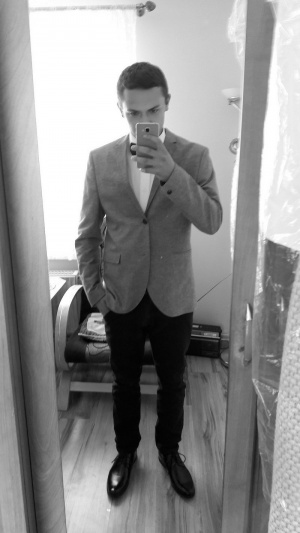 jacket, outerwear, standing, monochrome
