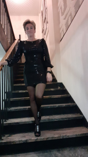standing, dress, stairs
