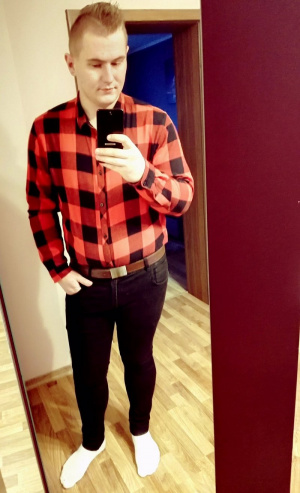 outerwear, jeans, standing, tie, pattern