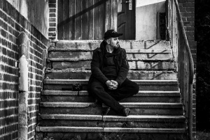 sitting, standing, monochrome, wall, road, infrastructure, stairs